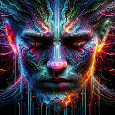The primary subject of the image is a close-up of a man's face, with a vibrant and colorful background. The visual style appears to be a digital art or illustration, as the colors and mood are lively and dynamic. The man's face is surrounded by a swirling, colorful pattern, which adds to the overall atmosphere of the image.